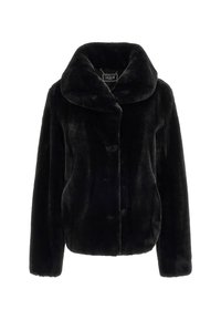 Veste en fausse fourrure noire avec large col châle, manches longues et fermeture boutonnée sur le devant par Guess.