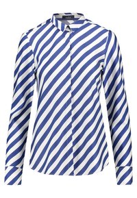 Blå och vit diagonalt randig långärmad skjorta med knäppning, spetsig krage och dolda knappar.