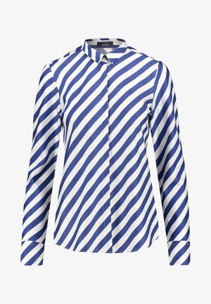 Camicia a maniche lunghe a righe diagonali blu e bianche con colletto punta e pattina dei bottoni nascosta.
