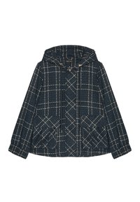 Mörkblå rutiga jacka i texturerad tyg, med huva, två framfickor och dragsko. Detaljer i guldton.