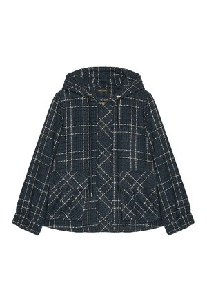 Giacca a check navy realizzata in tessuto testurizzato, con cappuccio, due tasche frontali e chiusura con cordino. Dettagli in metallo dorato.