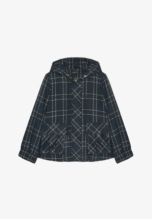 Jachetă cu model în carouri navy, realizată dintr-un material texturat, având glugă, două buzunare frontale și închidere cu șnur. Accente din metal auriu.