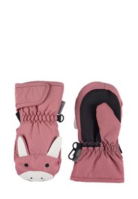 Rosenrote Handschuhe mit weißen Hasengesicht-Designs. Hergestellt aus weichem Stoff, mit elastischen Bündchen, schwarzem Innenfutter und verstellbaren Clips.