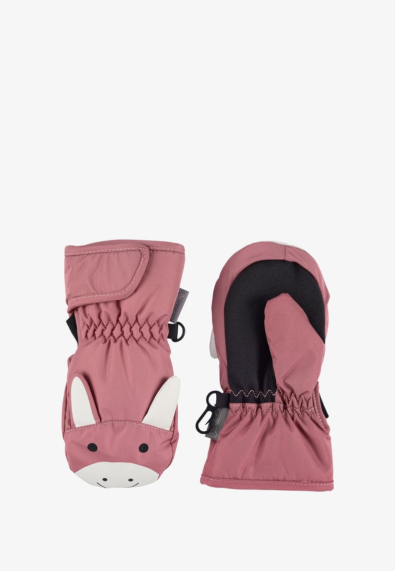 Rosenrote Handschuhe mit weißen Hasengesicht-Designs. Hergestellt aus weichem Stoff, mit elastischen Bündchen, schwarzem Innenfutter und verstellbaren Clips.