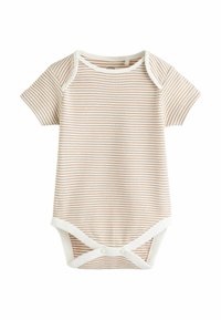 Bodysuit pour bébé à manches courtes en beige doux avec de fines rayures blanches. Présente des pressions au bas et un liseré blanc le long de l'encolure.