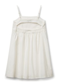 Weißes Sommerkleid mit dünnen verstellbaren Trägern, gerüschtem Oberteil und ausgestellt Rock. Hergestellt aus leichtem Stoff, mit schlichter Gestaltung und strukturierten Akzenten.