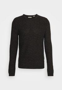 Maglione nero a maglia con scollatura rotonda, caratterizzato da un tessuto testurizzato, maniche lunghe e orlo dritto. Nessun motivo o accento visibile.