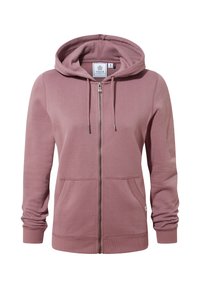 Pink zip-up hoodie with a drawstring hood, kangaroo pockets, ribbed cuffs, and a smooth texture. Logo tag visible inside the collar.