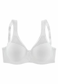 Weißer BH mit glatten Schalen und durchsichtigen Punkten auf dem Mesh. Verfügt über verstellbare Träger und eine zentrale Schleifen-Akzent. Weiches, nahtloses Material.