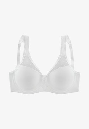 Reggiseno bianco con coppe lisce e dettagli in rete trasparente a pois. Presenta spalline regolabili e un'accenno centrale a fiocco. Materiale morbido e senza cuciture.