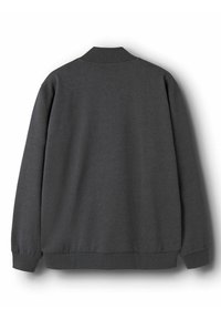 Sweat-shirt à manches longues gris foncé avec col, poignets et ourlet côtelés, vu de dos sur un fond blanc.