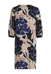 Robe fleurie avec un fond beige, ornée de grands motifs floraux navy et bleus. Comprend des manches trois-quarts et une coupe droite.