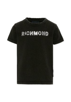 T-shirt noir à manches courtes avec un col rond et « RICHMOND » écrit sur la poitrine en lettres blanches à motif.