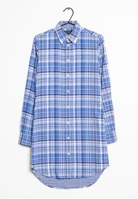 Blå rutiga långärmade skjorta med varierande nyanser av blått och vitt, knäppt fram, klassisk krage och rundade fållar.