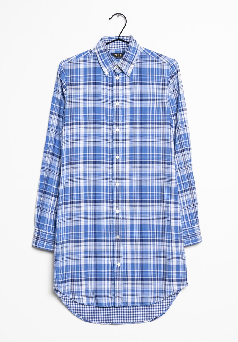 Blå rutiga långärmade skjorta med varierande nyanser av blått och vitt, knäppt fram, klassisk krage och rundade fållar.