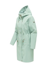 Svetlozelený dlhý pršiplášť s kapucňou, nastaviteľnými šnúrkami v páse a na krku, bočnými vreckami a predným zipsom so zapínaním na cvoky.
