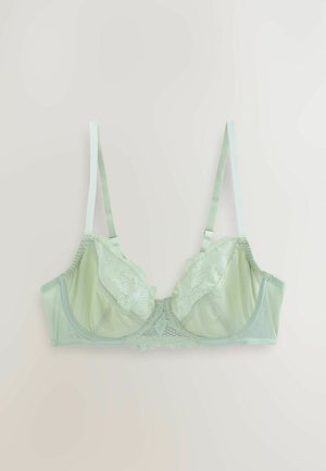 Mintgroene bh met kantafwerking, gemaakt van zacht materiaal en verstelbare bandjes. Bevat een gladde afwerking met gestructureerde cups en delicate details.