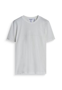 Witte katoenen t-shirt met een ronde halslijn, korte mouwen en een reliëflogo op de voorkant. Soepele textuur, casual ontwerp.