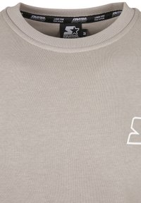 Light grey sweatshirt with a round neckline, ribbed collar, and a white logo detail on the front. Soft fabric with a smooth texture.