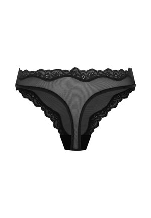 Zwarte kant thong met een doorzichtig mesh lichaam, golvende randen en een stevige band aan de achterkant, die een delicate uitstraling en textuurdetail biedt.