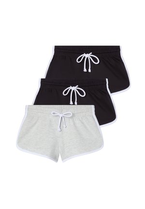 Tre paia di pantaloni corti casual: uno nero, uno grigio scuro e uno grigio chiaro, tutti con coulisse bianche e bordi bianchi. Tessuto morbido.