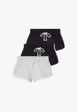 Tre paia di pantaloni corti casual: uno nero, uno grigio scuro e uno grigio chiaro, tutti con coulisse bianche e bordi bianchi. Tessuto morbido.