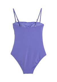 Lilla badedragt i ét stykke med justerbare tynde skulderstropper og en let rynket forreste bundkant.