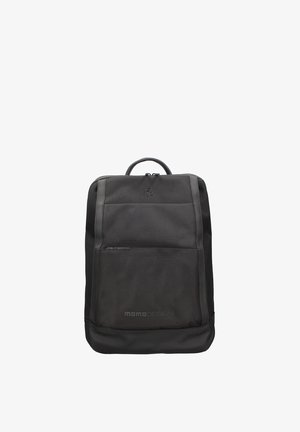 Zaino rettangolare nero con maniglia superiore, tasca frontale con zip e logo "momoDESIGN" al centro in basso.