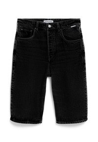 Zwarte denim shorts met een klassieke snit, voorzien van vijf zakken, een knoopsluiting en een licht textuur in de stof. Het merkembleem is zichtbaar op de tailleband.