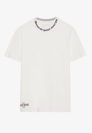 White cotton t-shirt with a round neckline featuring a black text design that reads "Renew Your Energy." Black logo printed at the bottom.