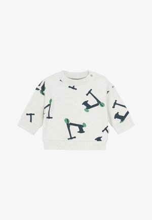 Hellgrauer Kapuzenpullover aus Baumwolle mit einem Muster aus schwarzen und grünen Rollern. Mit rundem Halsausschnitt und gerippten Bündchen.