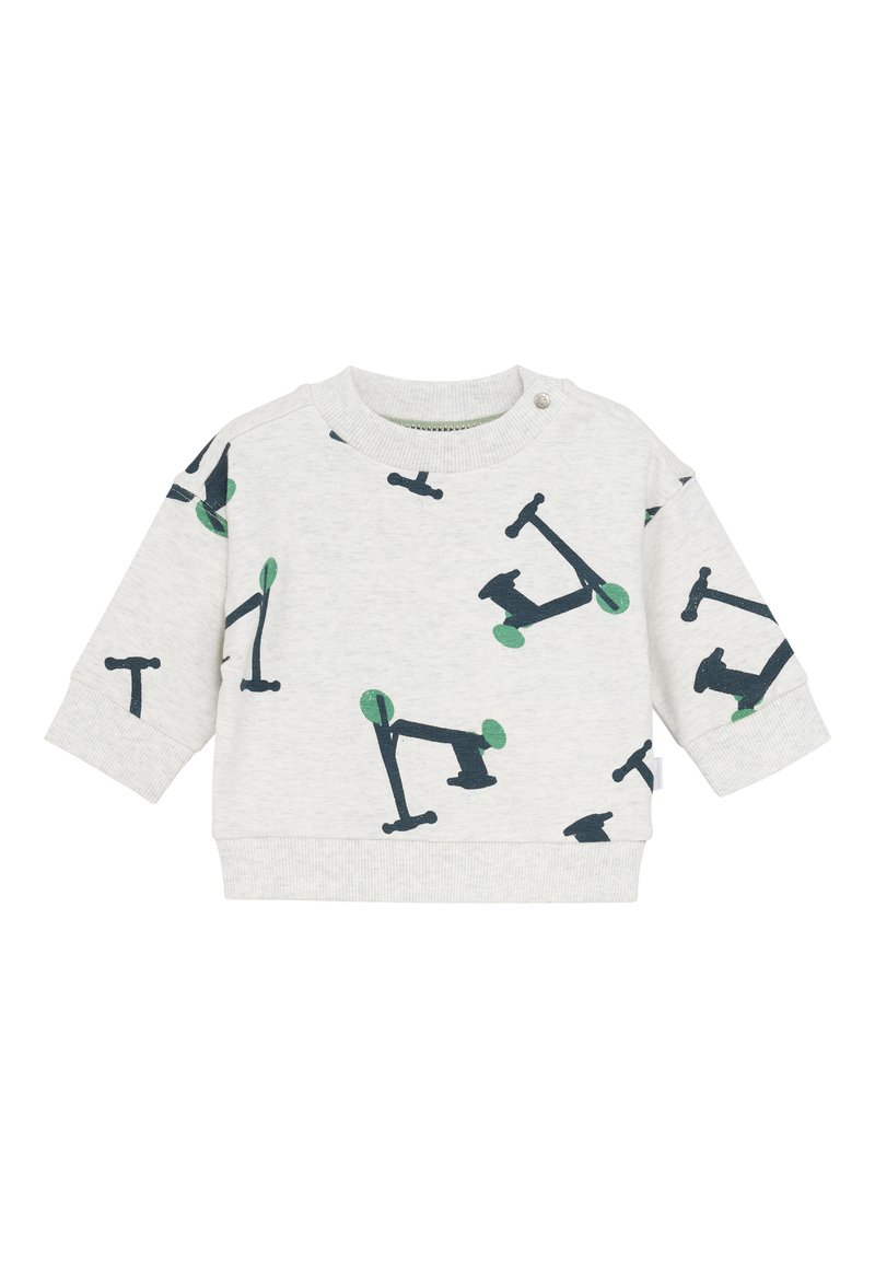 Lichtgrijze sweatshirt van katoen, met een patroon van zwarte en groene scooters. Inclusief een ronde hals en ribgebreide boorden.