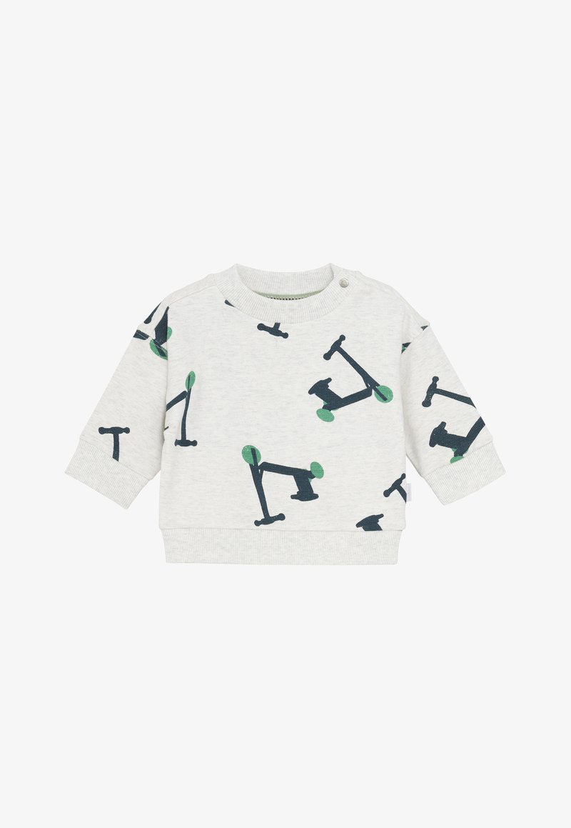 Lichtgrijze sweatshirt van katoen, met een patroon van zwarte en groene scooters. Inclusief een ronde hals en ribgebreide boorden.