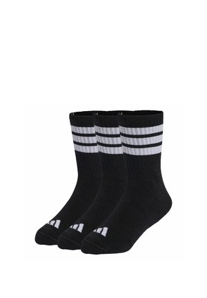 Drei schwarze Sportsocken mit zwei weißen horizontalen Streifen nahe der Oberseite und einem kleinen weißen Logo an den Zehen.