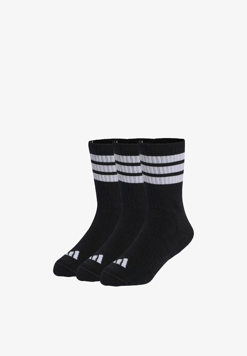 Trois chaussettes noires pour équipage avec deux bandes blanches horizontales près du haut et un petit logo blanc sur les orteils.