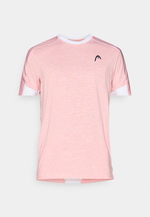 Light pink short-sleeve T-shirt made from a textured fabric. Features a white round neckline and black logo on the chest.