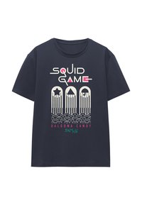 Navy cotton T-shirt featuring "SQUID GAME" text, graphic of three shapes (star, triangle, umbrella), and "DALGONA CANDY" in pink and green.