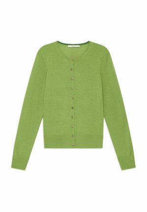 Grüne Strickjacke aus weichem Material mit rundem Ausschnitt, langen Ärmeln, zwei Vordertaschen und dekorativen Knopfverschlüssen.