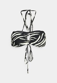 Top de biquíni com riscas de zebra em preto e branco, design sem alças com um recorte em forma de buraco nas costas, apresentando laços ajustáveis e tecido suave.