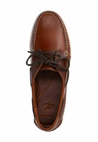 Scarpa di pelle marrone con punta tonda, design con lacci, cuciture a contrasto, fodera interna perforata e una finitura liscia.