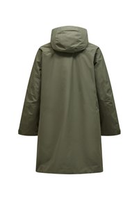 Long olive green waterproof coat with a hood, featuring a smooth texture and an A-line silhouette. Includes a label on the lower sleeve.