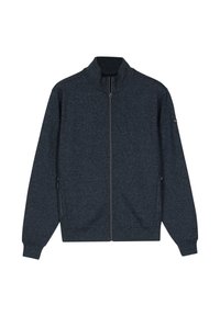 Marineblaue Zip-Jacke mit hohem Kragen, langen Ärmeln und Seitentaschen. Der Stoff hat ein strukturiertes, meliertes Aussehen.