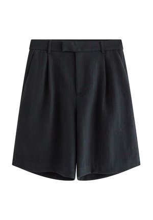 Sorte shorts med høj talje, skræddersyede med bæltestropper, sidelommer, forreste læg og skjult lukning foran.