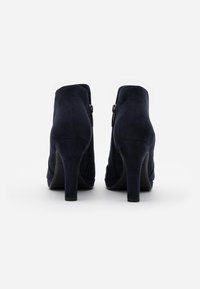 Pair of navy blue suede high-heeled ankle boots with side zippers, viewed from the back on a plain white background.