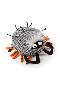 Grey and black checkered plush spider with orange spotted legs, black claws, and white fuzzy accents on top, featuring large cartoon eyes.