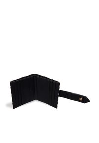 Black wallet opened to reveal multiple card slots and a secured strap, featuring a smooth leather interior and a simple design.