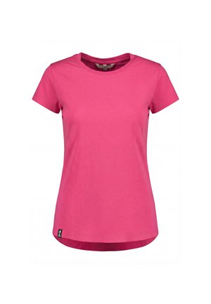 Solides hellrosa T-Shirt mit kurzen Ärmeln und rundem Ausschnitt, am Saum leicht geschwungen und mit kleinem schwarzem Markenschild nahe der unteren linken Seite.