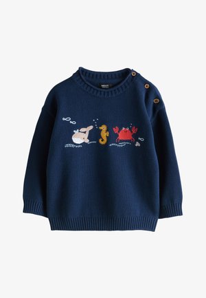 Marineblauer Babysweater mit Wal-, Seepferdchen- und Krabbenstickerei auf der Vorderseite und Holzknöpfen an der Schulter.