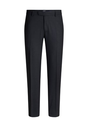 Schwarze, maßgeschneiderte Hose aus glattem Stoff, mit gerade geschnittenem Bein, vorderen Bügelfalten und einem klassischen Bund mit Gürtelschlaufen.