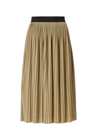 Plisserad midikjol i ljusbeige tyg. Har ett svart elastiskt midjeband och vertikala plisseringar som sträcker sig från midjan till nederkanten.